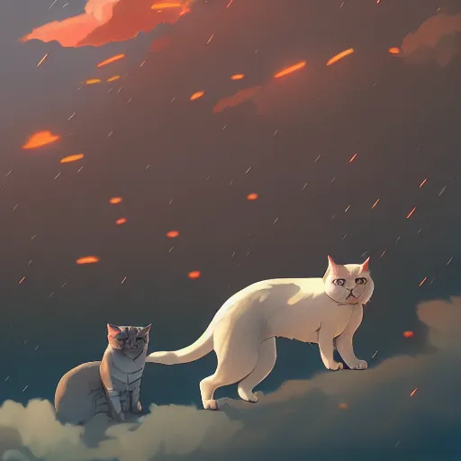Image similar to giant cats and dogs are falling from the sky like rain, bystanders watching from the sides, 4 k, by miyazaki, monokubo, artstation,