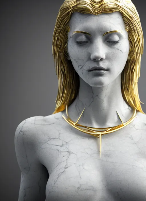 Image similar to a statue made of white marble with gold veins, of an beautiful gorgeous futuristic cybernetic angel girl, prostheses, transhumanism, full body shot, perfect symmetrical body, perfect symmetrical face, hyper realistic, hyper detailed, by johannen voss, by peter kemp, by monia merlo, by michelangelo, octane render, blender, 8 k