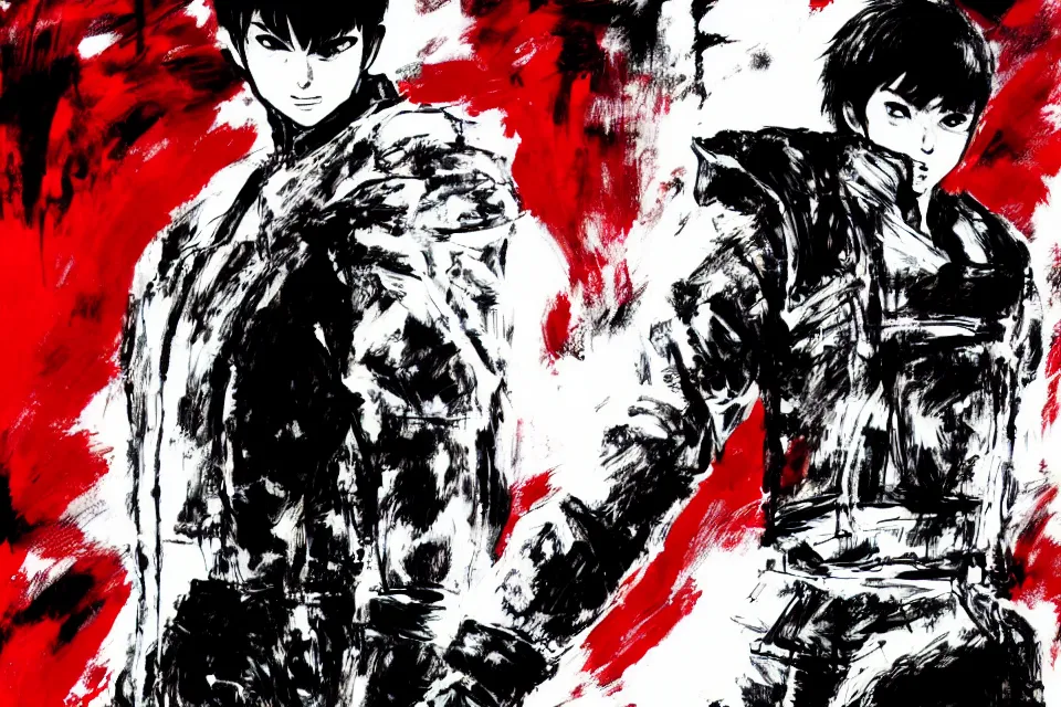 Image similar to a full - body portrait of kaneda from akira in a red jacket, in yoji shinkawa's art style, metal gear solid art style highly detailed, 4 k, artistic, white background, b & w