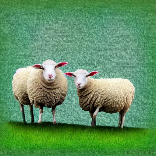 Prompt: 3 sheep on a green hill digital art