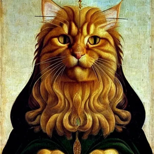 Prompt: beautiful renaissance painting portrait of ginger maine coon with white beard by sandro botticelli, jan van eyck, tiziano vecelli, piero della francesca