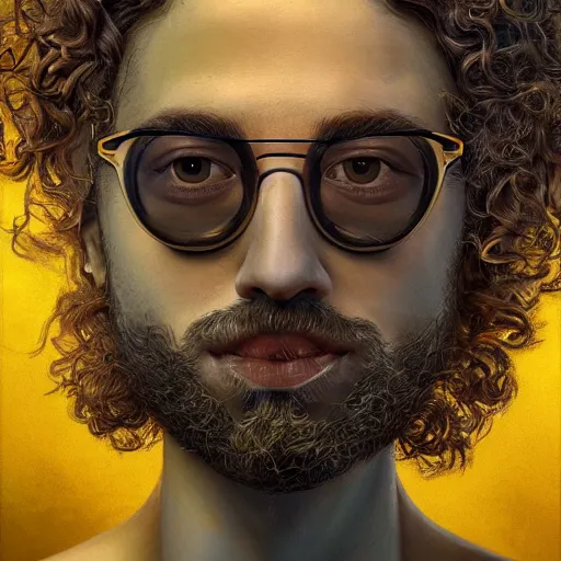 Prompt: swimming man with curly hair and round glasses and a goatee swimming in toxic waste, model, hdr, 2 4 mp, fantasy, high detail, elegant, digital painting, natural light, vibrant, intricate, textured skin, highly detailed, artstation, sharp, focus, illustration, anna dittmann, ilya kuvshinov, nikolay makovsky
