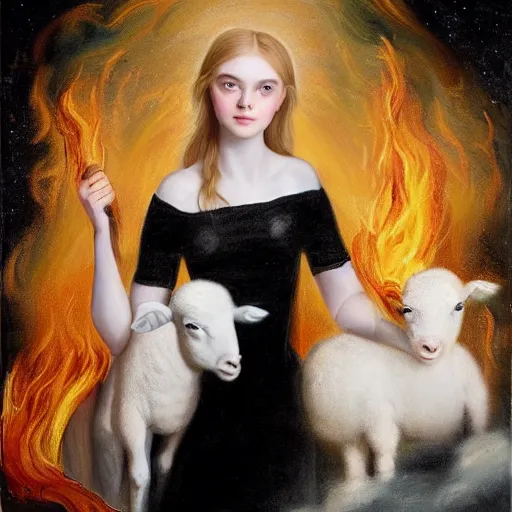 Image similar to professional painting of Elle Fanning wearing black cultist robes holding a white lamb surrounded by fire in the style of Thomas Lawrence, nighttime, stars, head and shoulders portrait, symmetrical facial features, smooth, sharp focus, illustration, intricate, stormy weather, extremely detailed masterpiece,