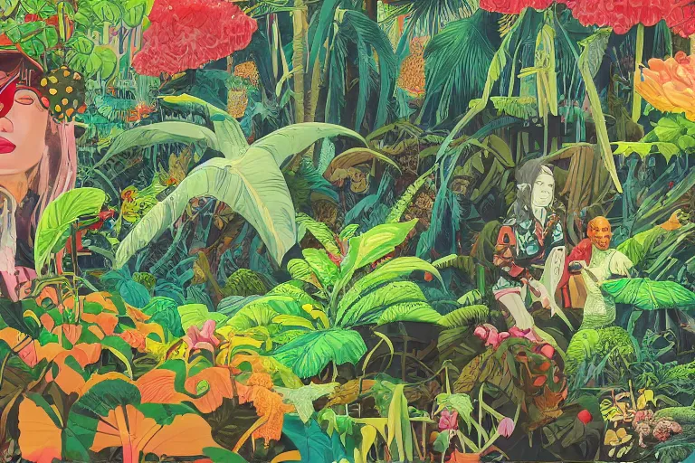 Image similar to 2 d gouache illustration of a rotterdam gabber from 9 0's, a lot of exotic vegetation, trees. flowers, oldschool vintage sci - fi flat surreal design, super - detailed, painting by satoshi kon, hd, 4 k, high quality