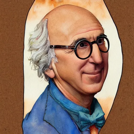 Image similar to realistic portrait of larry david in a pizza costume, detailed art by maxfield parrish and jessie willcox smith, illustration style, watercolor