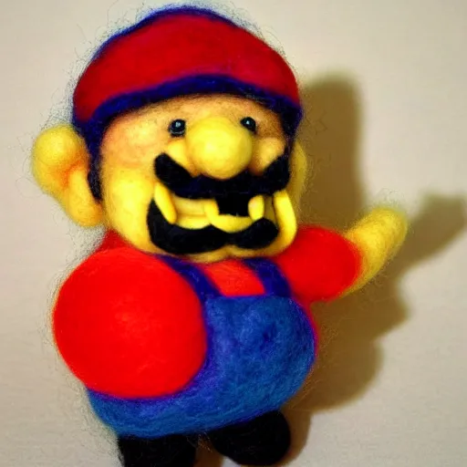 Image similar to a needle felted Wario, needle felting art.