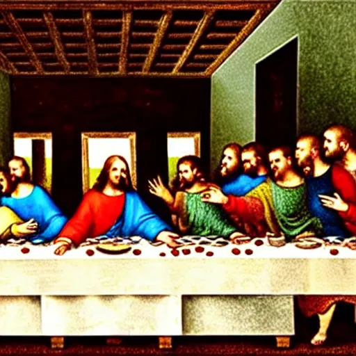 Image similar to the last supper but everyone is eating pizza