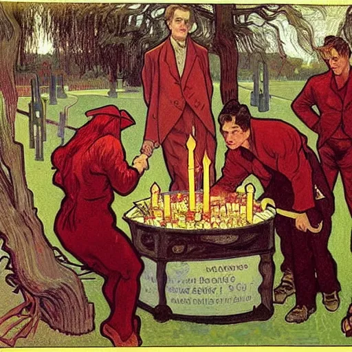 Image similar to painting of arkansas razorbacks at the halloween! party, bubbling cauldron!, candles!, graveyard, gravestones, ghosts, smoke, autumn! colors, elegant, wearing suits!, clothes!, delicate facial features, art by alphonse mucha, vincent van gogh, egon schiele