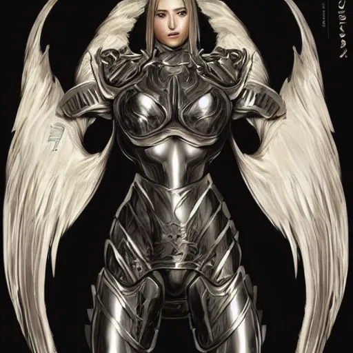 Image similar to Portrait angel warrior armour pants with graved runes , highly detailed, digital painting, artstation, concept art, smooth, sharp focus, illustration, art by Hajime Sorayama