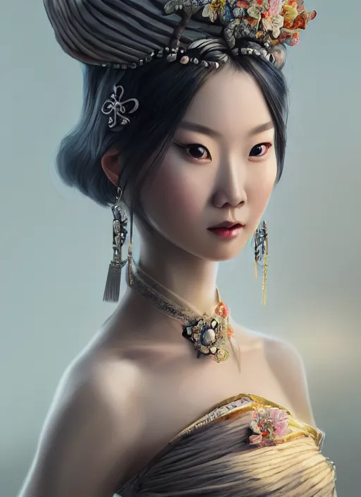 Prompt: beautiful fashion girl in tang dynasty, strapless dress, character portrait in the style of thomas river and artgerm, wlop, cinematic lighting, hyperdetailed, 8 k realistic, symmetrical, global illumination, radiant light, halo, love and mercy, frostbite 3 engine, cryengine, dof, trending on artstation, digital art, chanel