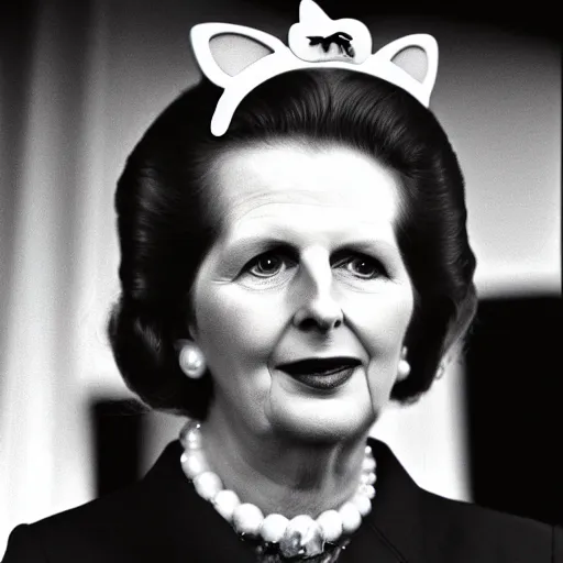 Image similar to Margaret Thatcher wearing cat ears, colour photography