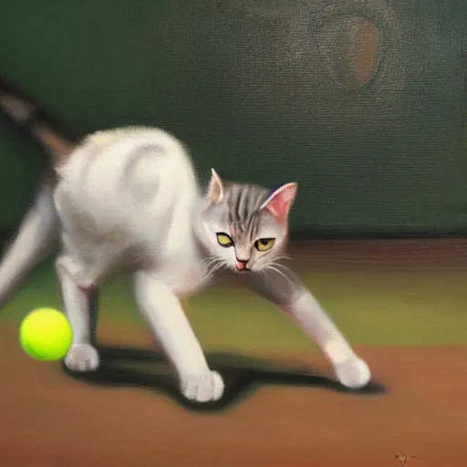 Image similar to cat playing tennis, oil painting