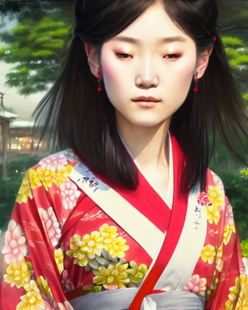 Image similar to a beautiful okinawa girl wear elegant yukata in festival | | summer night, realistic shaded, pleasant face, good looking, fine details, 4 k realistic, cryengine, realistic shaded lighting poster by greg rutkowski, magali villeneuve, artgerm, jeremy lipkin and michael garmash and rob rey