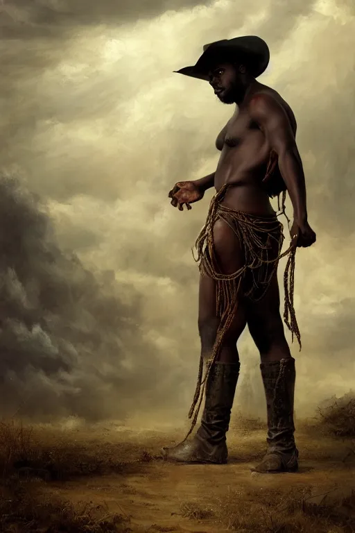 Prompt: a beautiful dramatic epic painting of a thicc handsome black man | he is shirtless and wearing a cowboy hat and covered in leather straps | prairie setting, dust clouds | homoerotic, highly detailed, dramatic lighting | by Mark Maggiori, by William Herbert Dunton, by Charles Marion Russell | trending on artstation