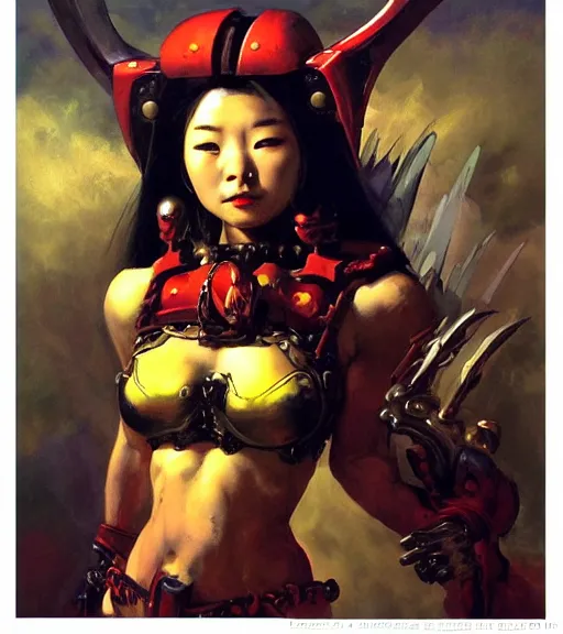 Image similar to portrait of strong korean female chaos angel, beautiful! coherent! by frank frazetta, by brom, strong line, vivid neon color, spiked scrap metal armor, iron helm maximalist