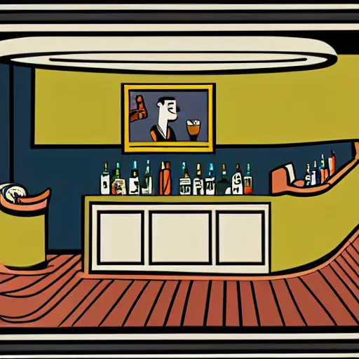 Prompt: an illustration of a bar/lounge, mid century modern cartoon style