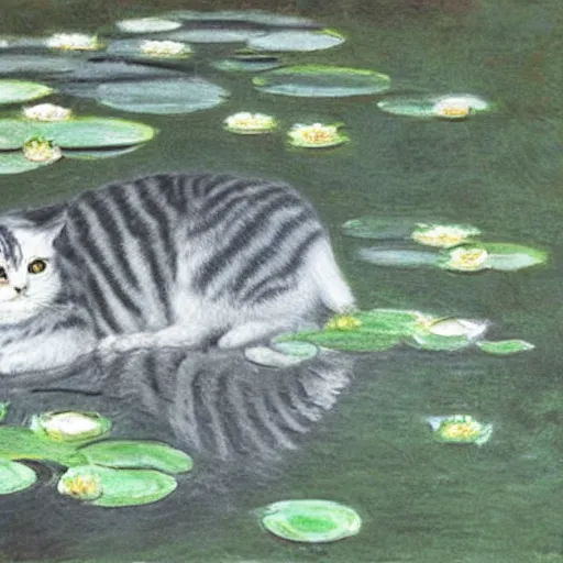 Prompt: a white and grey tabby cat, with a black and grey striped head and white nose, lying on a lilypad floating on a lake, in the style of Water Lilies painting by Monet