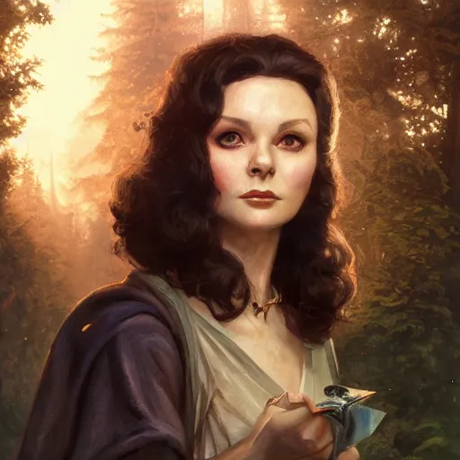 Image similar to closeup portrait of a young vivian leigh as a wizard casting magic, forest background, megacity, high fantasy, dramatic light, gorgeous view, depth, high detail, digital art, painted by greg rutkowski, trending on artstation