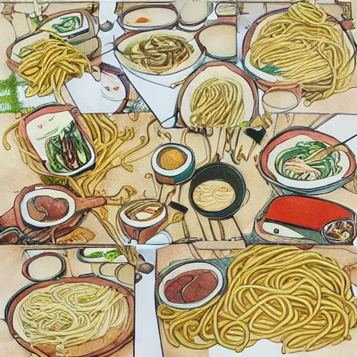 Prompt: studio Ghibli spaghetti, art, hand drawn, anime, cream spaghetti drawn by En93kitchen, trending on artstation, Ghibli food