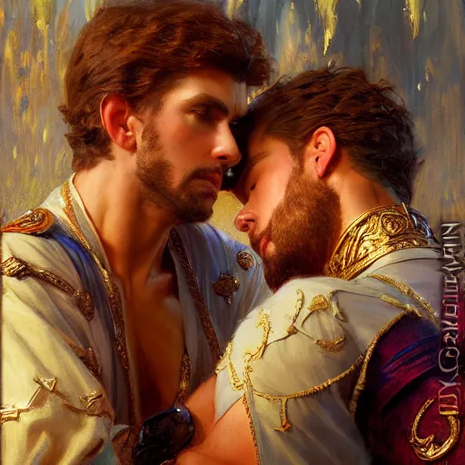 Image similar to attractive fully clothed king confesses his love for his attractive fully clothed male prince. highly detailed painting by gaston bussiere, craig mullins, j. c. leyendecker 8 k