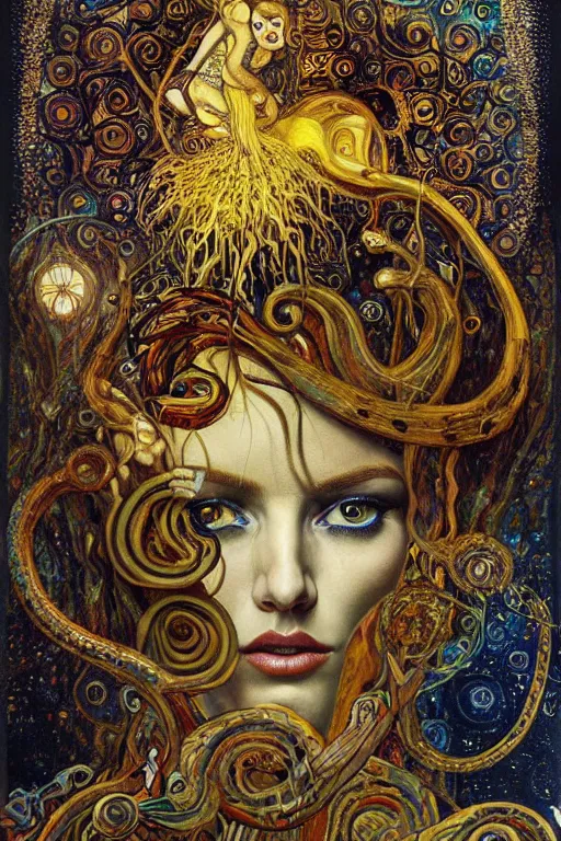 Image similar to Rebirth by Karol Bak, Jean Deville, Gustav Klimt, and Vincent Van Gogh, portrait of a sacred serpent, Surreality, radiant halo, shed iridescent snakeskin, otherworldly, fractal structures, arcane, ornate gilded medieval icon, third eye, spirals