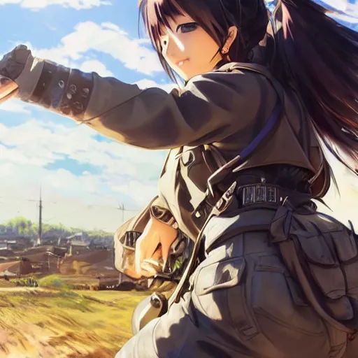 Prompt: anime style, panoramic view, a girl riding a motorbike, symmetrical facial features, vintage, soldier clothing, battlefield in background, hair down, real faces, from arknights, hyper realistic, 4 k, extreme detail, trending artstation, safebooru, realistic lighting, by alphonse mucha, greg rutkowski, sharp focus