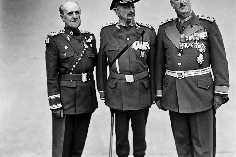 Prompt: portrait of juan carlos i with general franco, general, army, 1 9 3 7, spain, jose maria diaz casariego, bartolome ros, juan jose serrano, leica