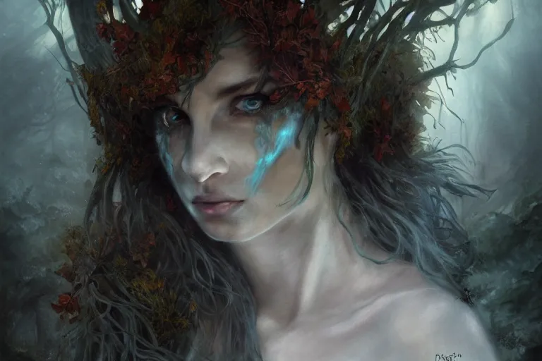 Image similar to cinematic painting, portrait of a dryad, fey, mysterious, she's emerging from shadow, face partially hidden by a hooded cloak, ice blue eyes, determined expression, maenad, autumn forest, cinematic fantasy painting, trending on art station, hard focus, cinematic lighting, ominous shadows by brian froud and jessica rossier and gaston bussiere