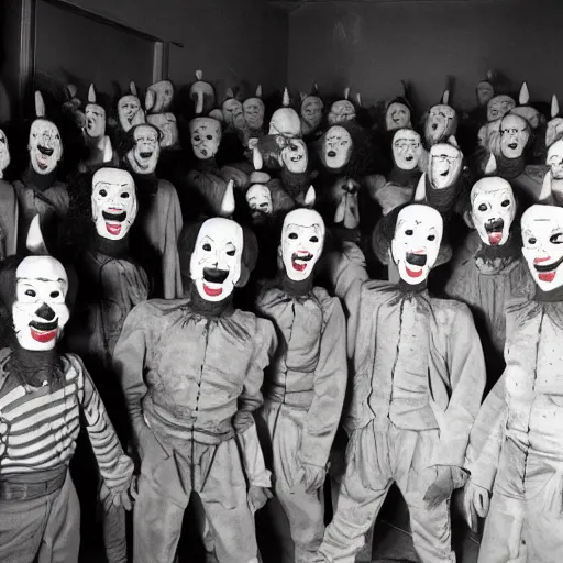 Prompt: a hall of mirros filled with psycho clowns