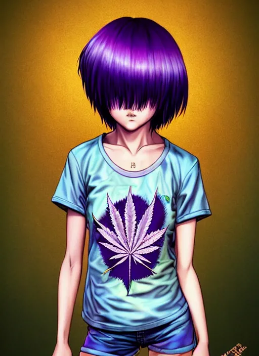 Image similar to richly detailed colored pencil 3 d illustration woman silky straight purple hair with iridescence wearing marijuana logo tshirt and short shorts, she staring at the camera happily art by range murata and artgerm.