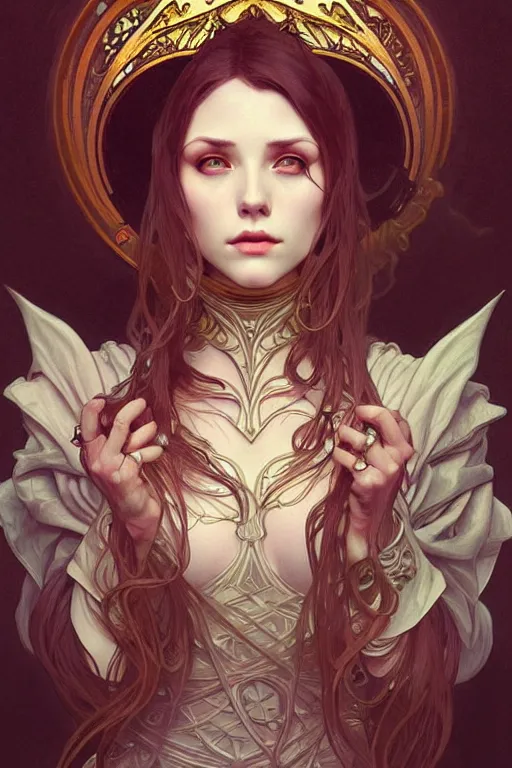 Image similar to witcraft, the occult, horrific, dark fantasy, intricate, elegant, highly detailed, digital painting, artstation, concept art, matte, sharp focus, illustration, art by artgerm and alphonse mucha