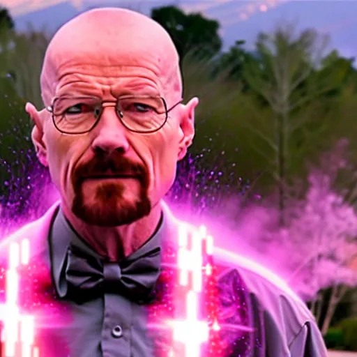 Image similar to photo of walter white on a hoverboard with an exploding car behind him, color, cinematic lighting