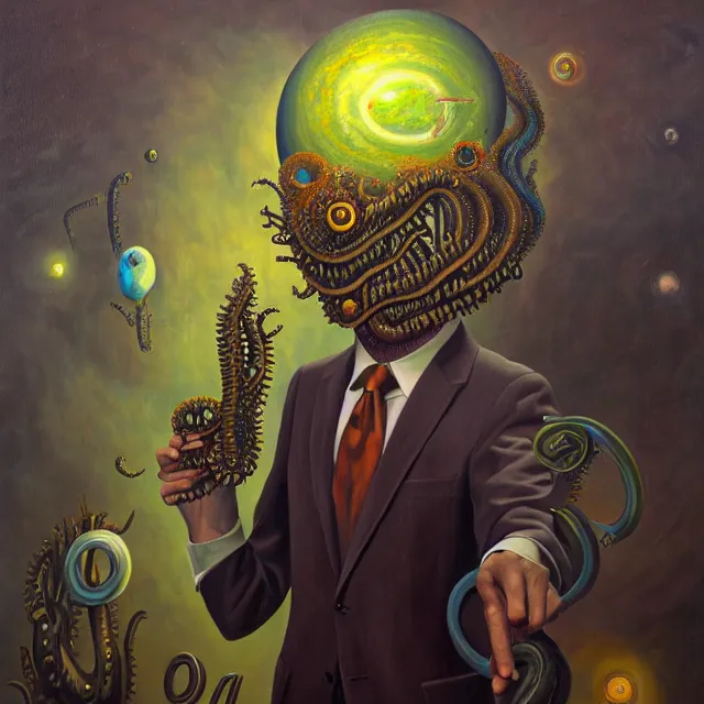 Prompt: an oil on canvas painting of a business man, polycount, surrealism, surrealist, lovecraftian, cosmic horror, high detail