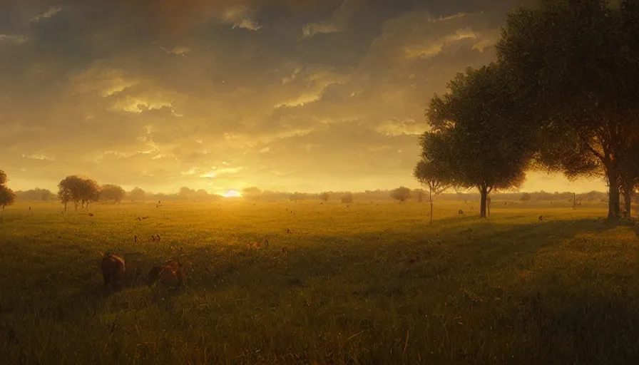 Image similar to cow pasture with fruit trees in sunset, back light, highly detailed, cinematic lighting, highly angle, volumetric, photorealistic, digital art painting by greg rutkowski