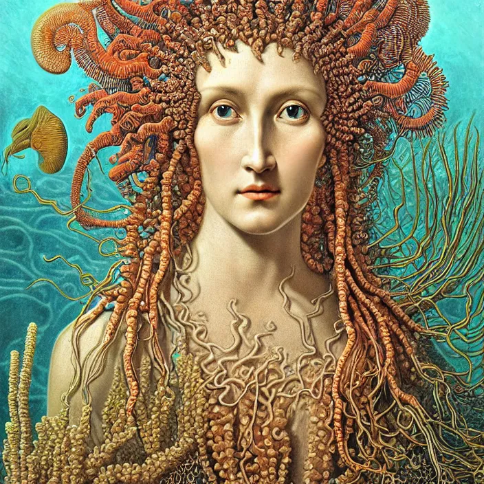 Image similar to realistic detailed face portrait of the goddess of the deep waters with an intricate headdress of corals, sea kelp, sea plants, fish, jellyfish, art by ernst haeckel, archimboldo, face in focus, neo - gothic, gothic,