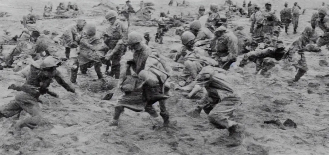 Image similar to the pope storming omaha beach during ww ii