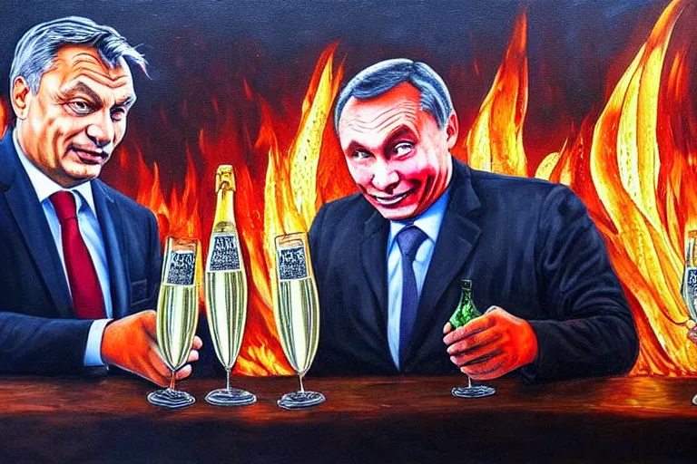 Image similar to viktor orban drinking champagne with putin in front a burning city, highly detailed eyes, oil painting