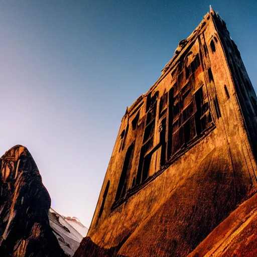 Prompt: photograph of an intimidating and mysterious cathedral built into the side of a Himalayan mountain at a high elevation, designed by I.M. Pei and Giger, cinematic lighting, dramatic masterpiece, magic hour, vultures flying in sky