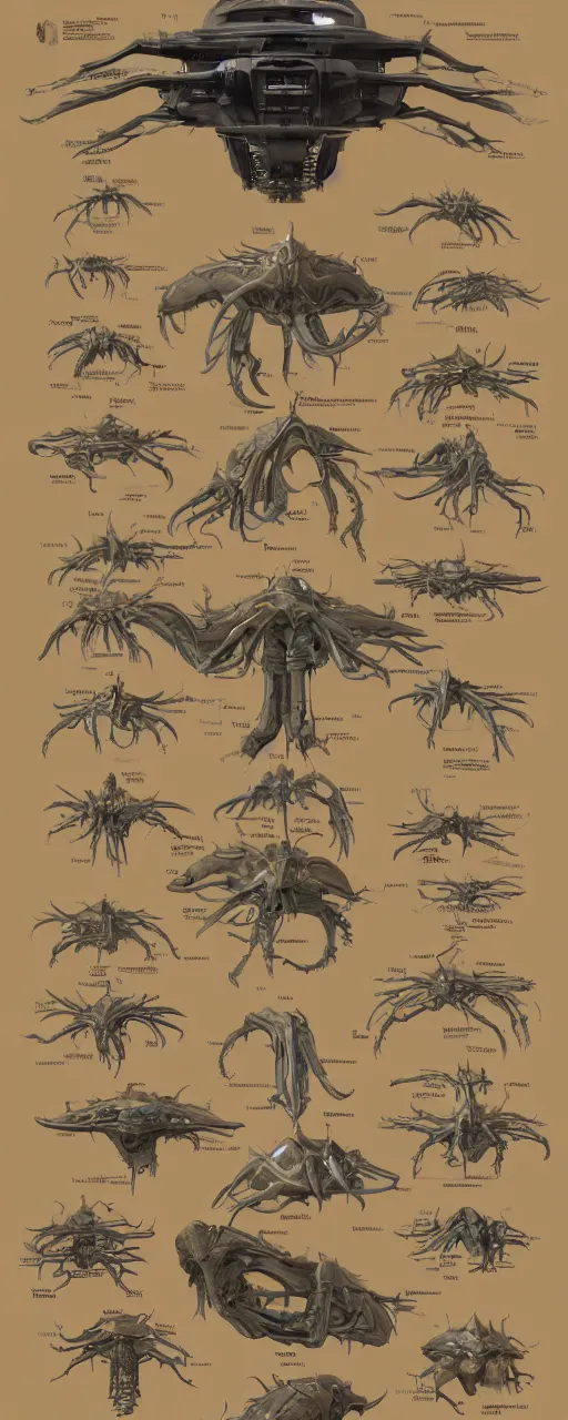 Image similar to schematic diagram of alien boss, biology, book, page, detailed, cross section, trending on artstation, cgsociety, Ralph McQuarrie and Greg Rutkowski