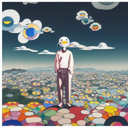 Image similar to a man walking on clouds away from the camera above kyoto by takashi murakami, beeple and james jean, aya takano color style, 4 k, super detailed, modern, 4 k, symmetrical