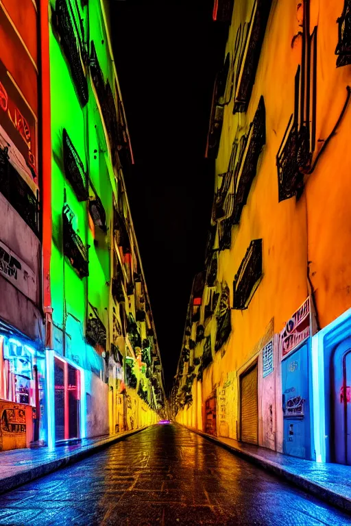 Image similar to neon streets of lissabon, 4 k, award winning photo, cyberpunk style