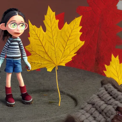 Image similar to a cute stopmotion animation character, a beautiful canadian woman, gardening, very attractive, spiky dark brown and grey hair, striped sweater, tight denim jeans, maroon doc marten boots, canadian maple leaves blowing about, mountains, autumn, unreal engine 5, 8 k, kubo and the two strings, disney, pixar,