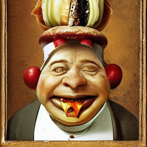 Image similar to a amazing new surrealist hybrid of the pope mixed with an anthropomorphic cheeseburger made of the popes face by giuseppe arcimboldo and kandinskali and catrin welz - stein, melting cheese, steamed buns, grilled artichoke, sliced banana, salami, milk duds, licorice allsort filling