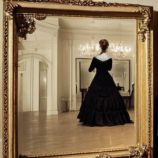 Image similar to a masterpiece painting of a beautiful victorian woman is frightened by her doppleganger in a mirror. she is in a long hallway of mirrors. elegant design, haunting atmosphere, dimly lit, gothic, horror style, realistic, low angle, 3 / 4 view.