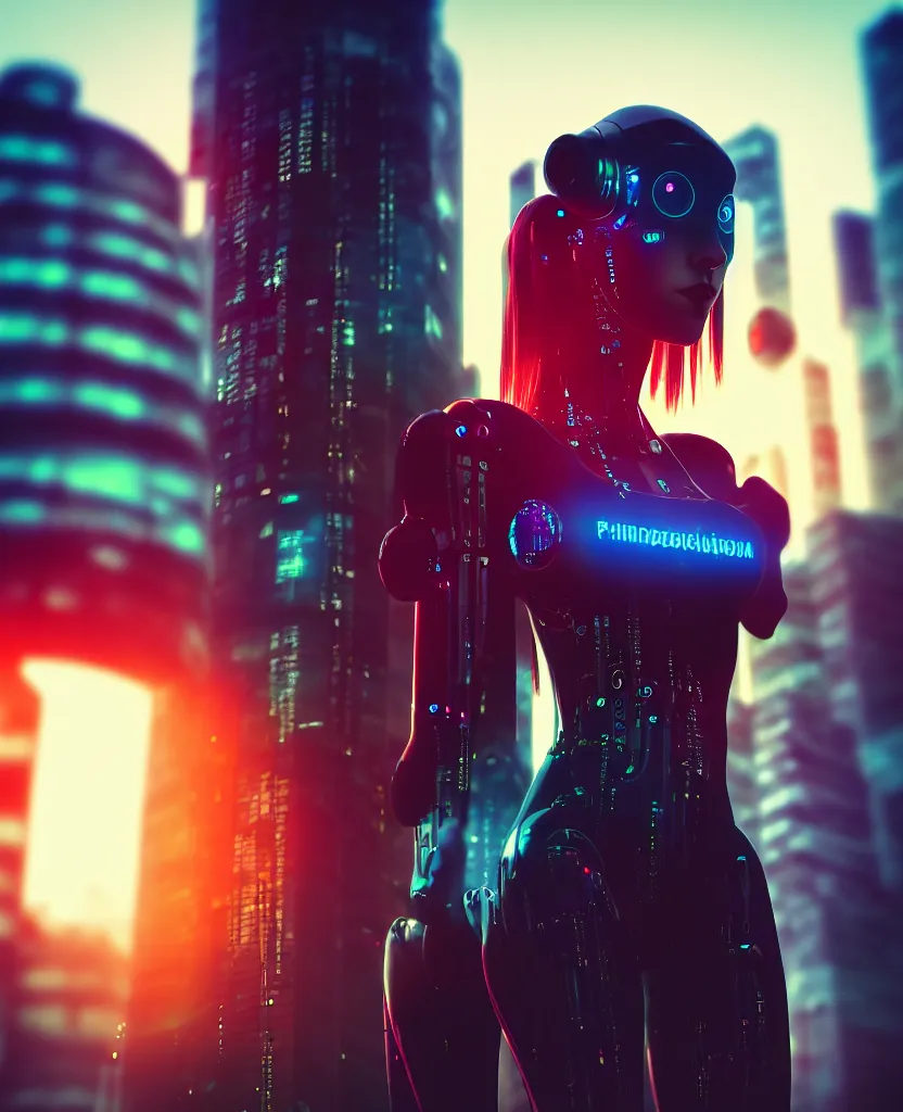 Image similar to a photo close up cyberpunk half robot half girl stands in a cyberpunk hiroshima, prefecture streets, sunset, photorealistic, cinematic lighting, very detailed, style by tomino - sama