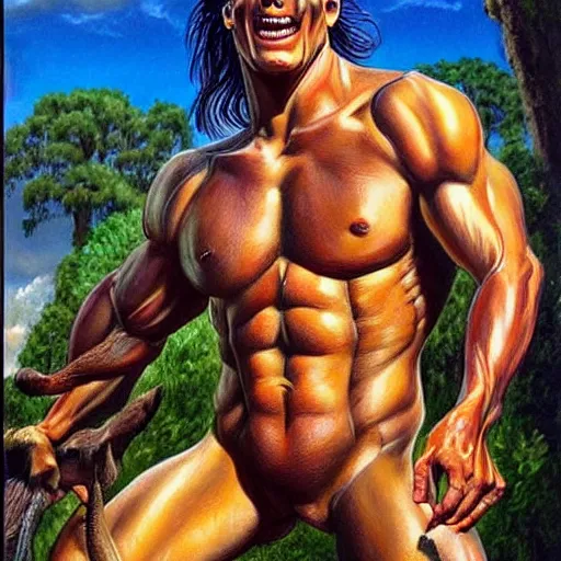 Image similar to beautiful lifelike painting of a centaur centaur centaur chimera tom cruise torso, hyperreal detailed facial features and uv lighting, art by ed roth and basil wolverton