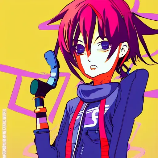 Image similar to anime girl with eccentric clothes, eccentric hairstyle, cel - shading, 2 0 0 1 anime, flcl, jet set radio future, golden hour, underground facility, underground tunnel, pipes, rollerbladers, rollerskaters, cel - shaded, jsrf, strong shadows, vivid hues, y 2 k aesthetic