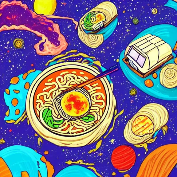 Image similar to a ramen foodcart on an asteroid at the end of the universe, aliens sitting on stools eating, cosmic and colorful, deep colors and bold strokes