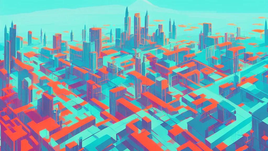 Image similar to downtown traffic, buildings, and lake, by anton fadeev