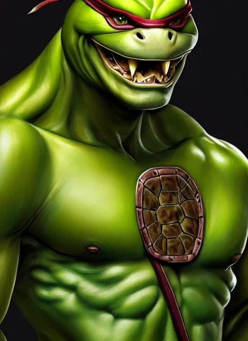 Image similar to portrait of aggressive leonardo from teenage mutant ninja turtle, d & d, muscular! turtle shell in the back!, fantasy, intricate, elegant, highly detailed, green skin!, digital painting, artstation, concept art, smooth, sharp focus, illustration, art by artgerm and greg rutkowski and alphonse mucha